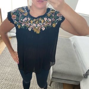 Black Sheer Embroidered Anthro Top NWT